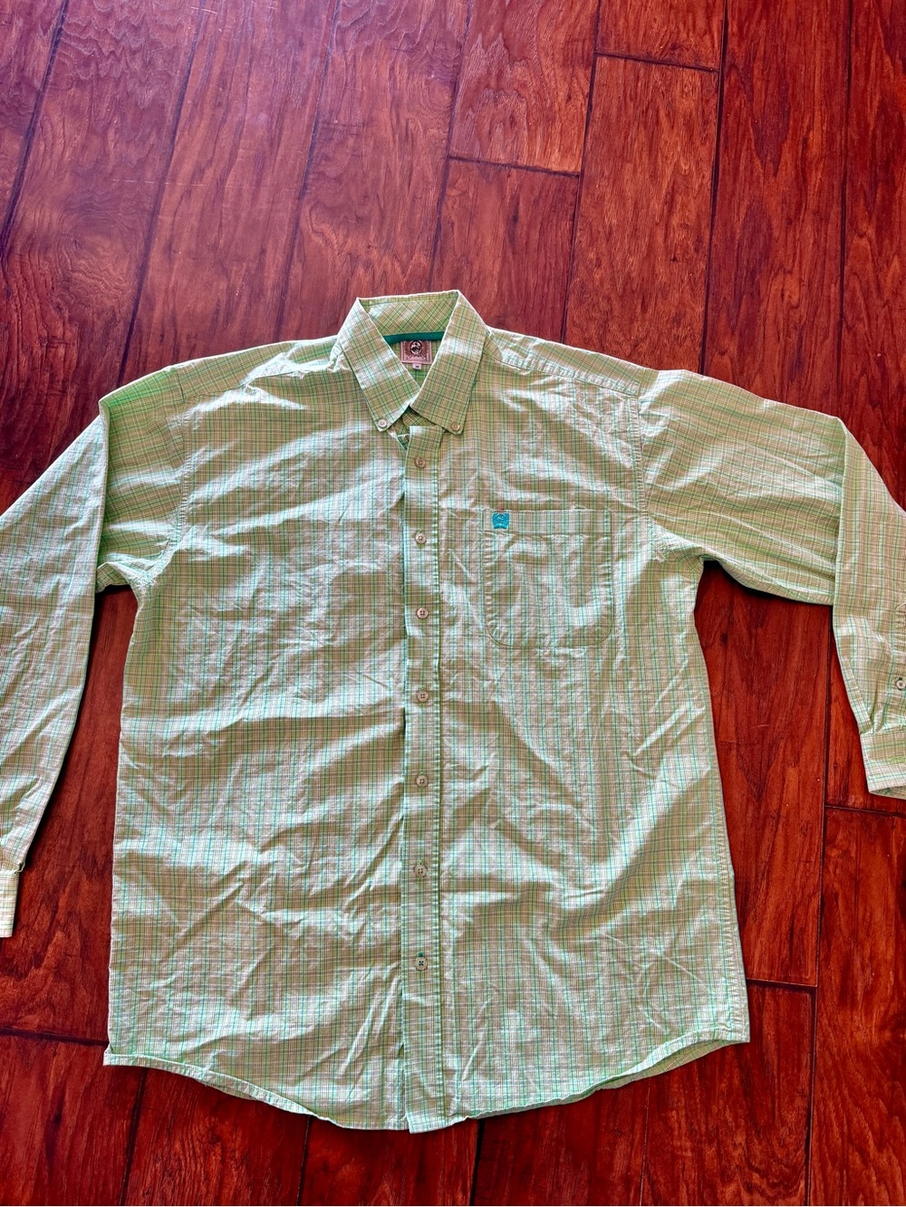 Cinch Men's Light Green Plaid Button-Up Dress Shirt